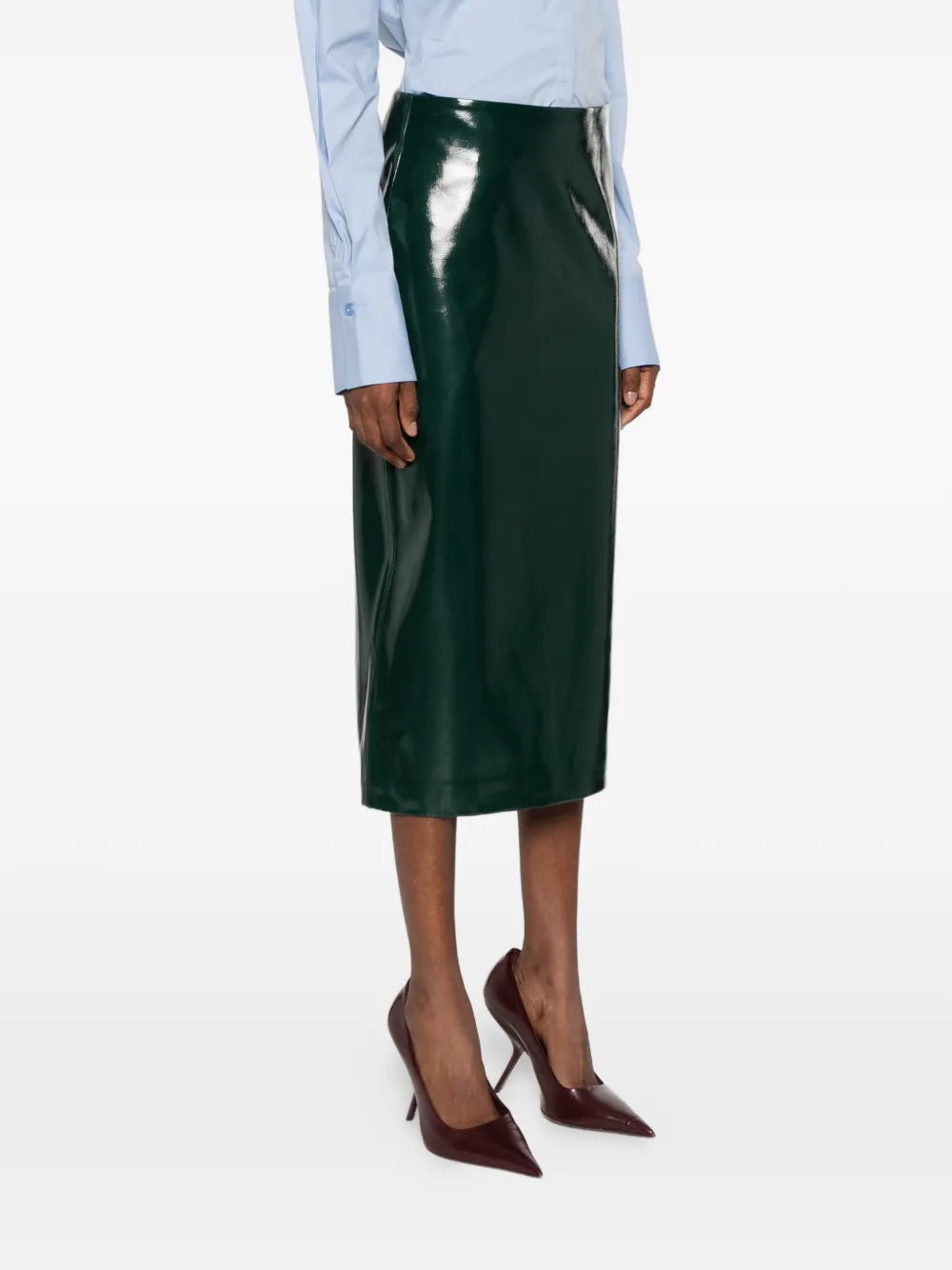 The Frankie Shop Samantha high-shine side-zip midi skirt Groen