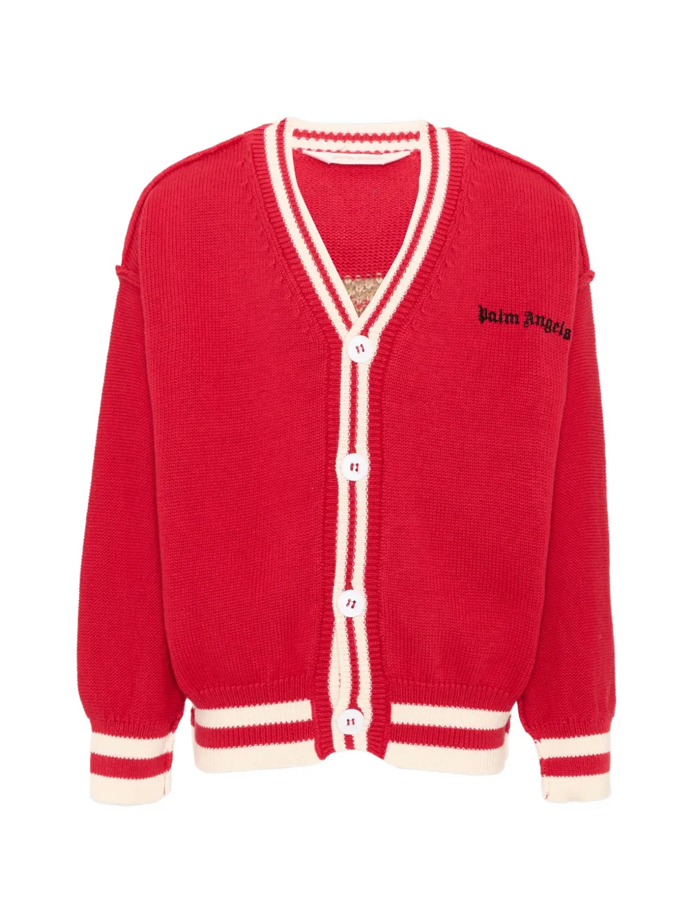 Palm Angels Kids bear-intarsia striped-trim cardigan - Rosso