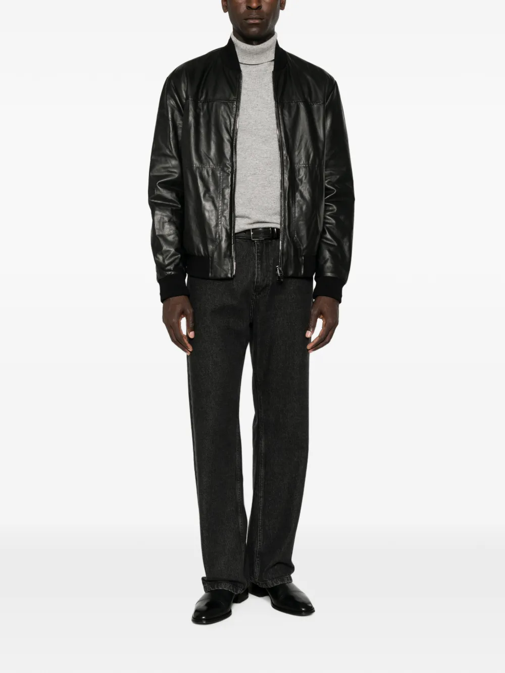 Canali Leren jack met rits Zwart