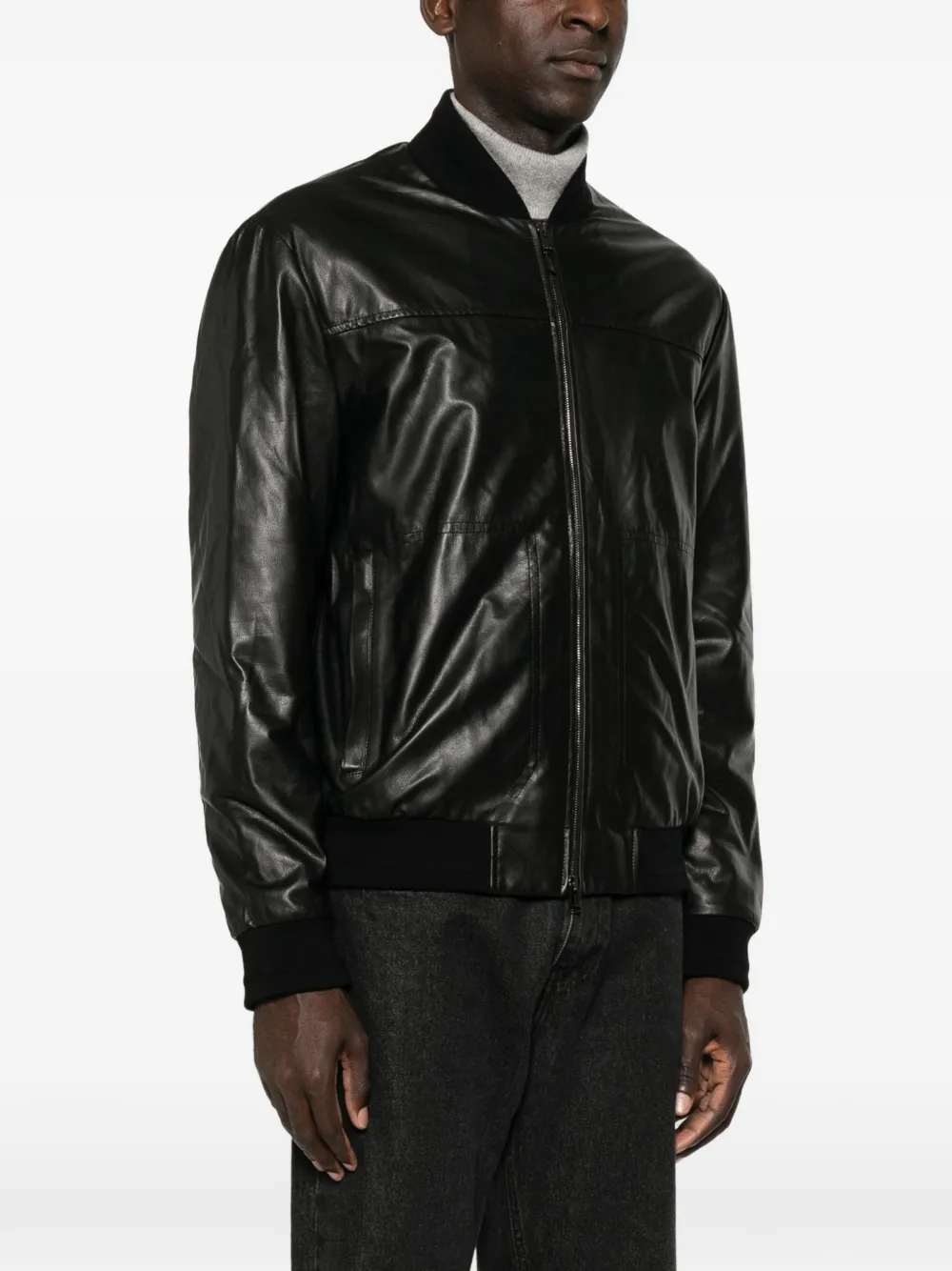 Canali Leren jack met rits Zwart
