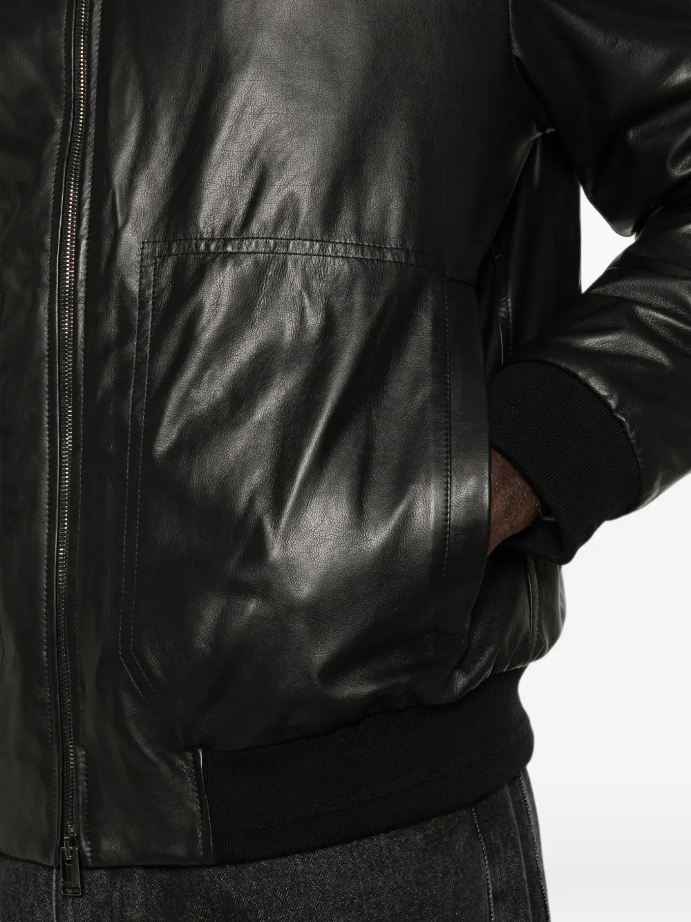 Canali Leren jack met rits Zwart
