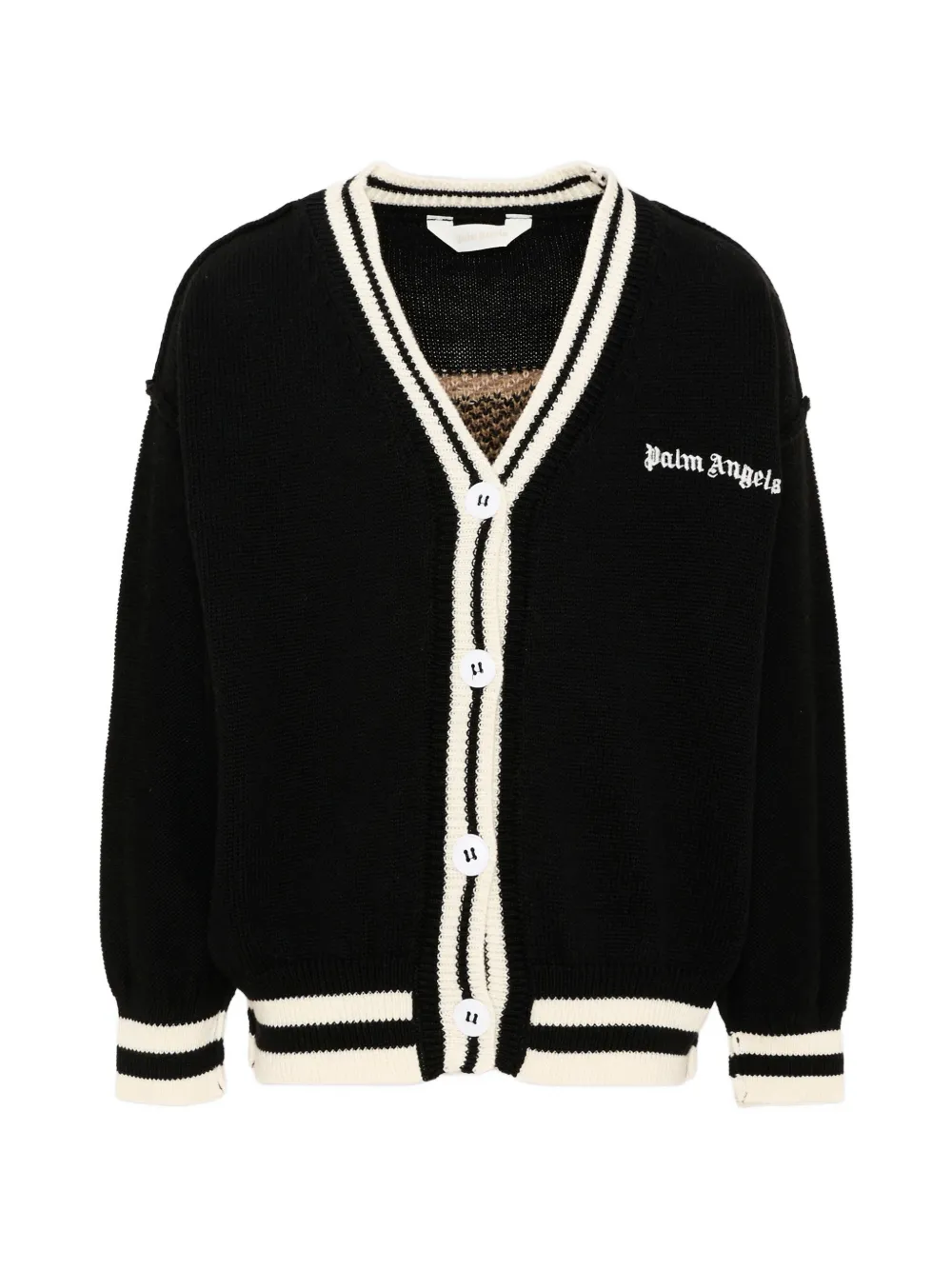 Palm Angels Kids bear-embroidered striped-trim cardigan - Nero