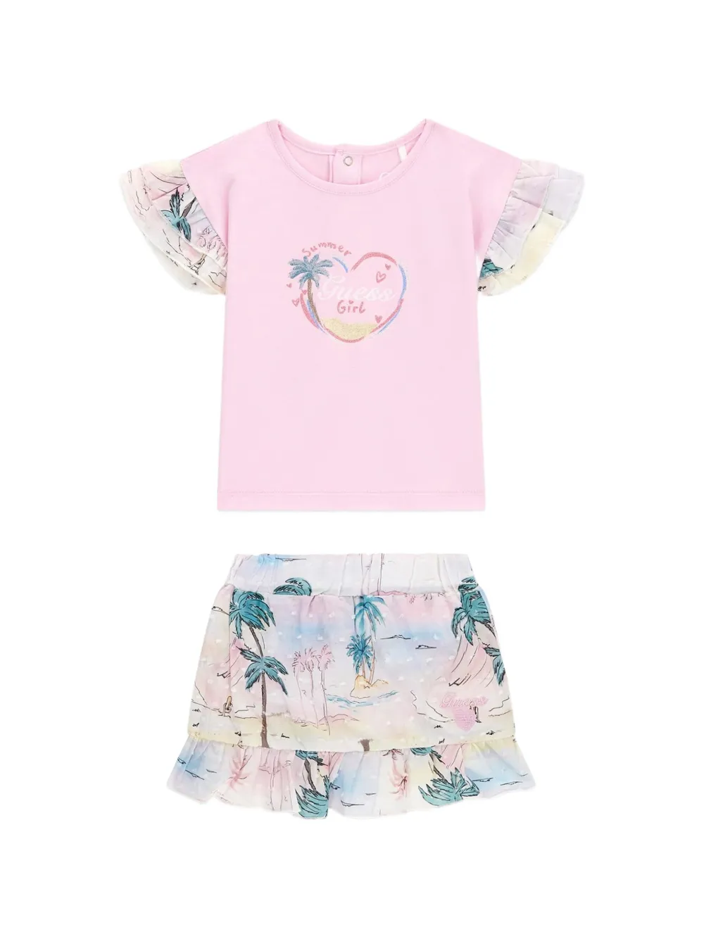 Guess kids Rok en T-shirt met palmprint en ruches Roze
