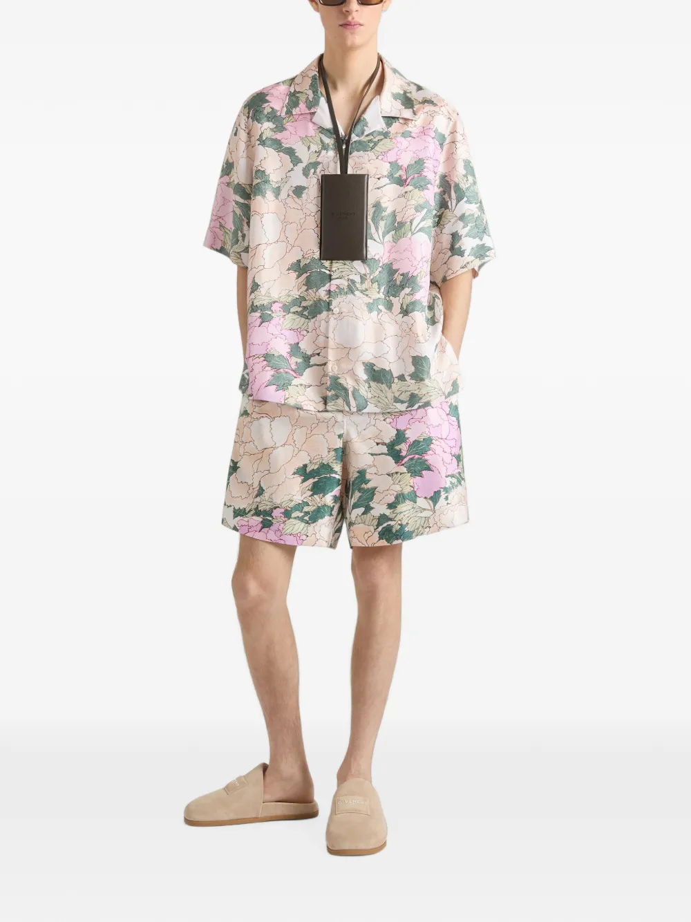 Givenchy Bermuda zijden shorts met Parel Flowers-print Beige