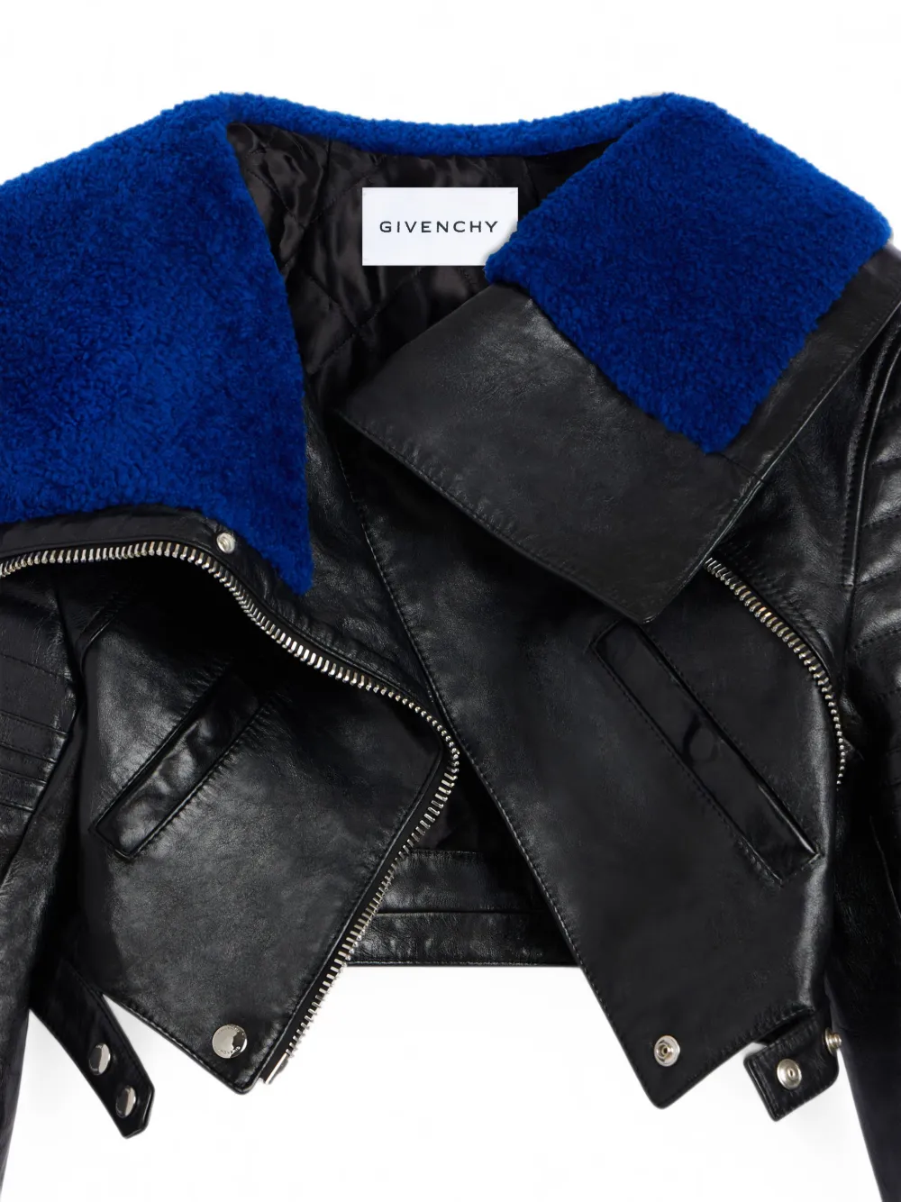 Givenchy Cropped Biker Jacket in Shiny Leather with Shearling in Black, view 5