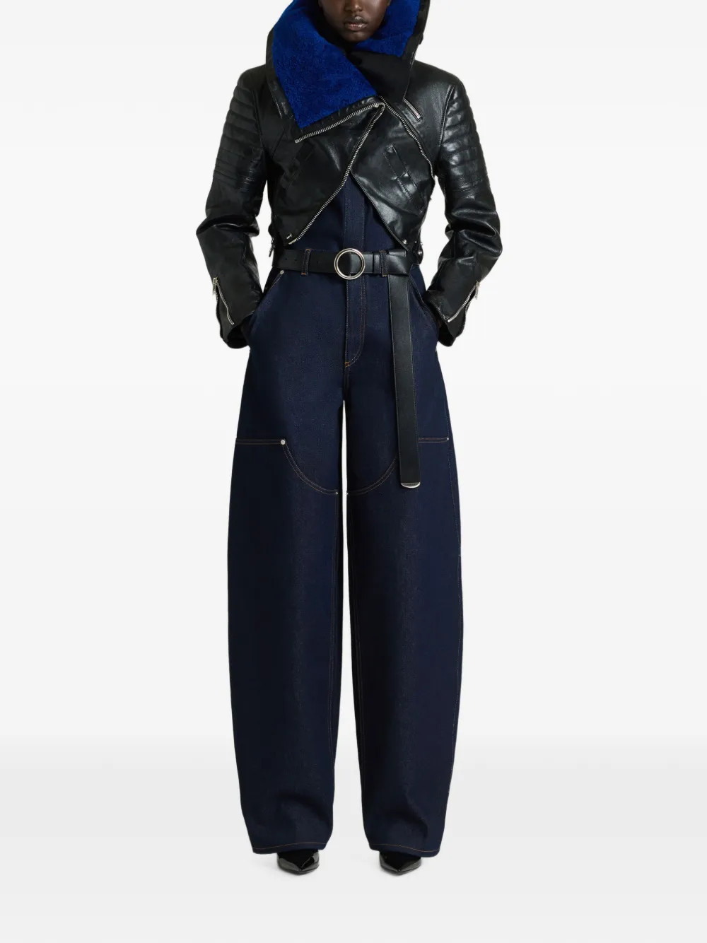 Givenchy Cropped Biker Jacket in Shiny Leather with Shearling in Black, view 2