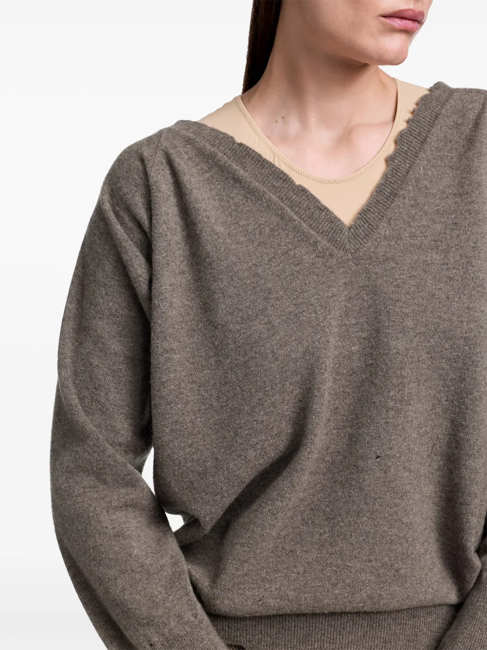 Maison Margiela Gerafelde gebreide trui met V-hals Bruin