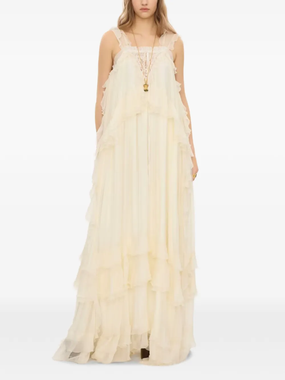 Chloé Mouwloze gelaagde maxi-jurk van zijde mousseline en kant Beige