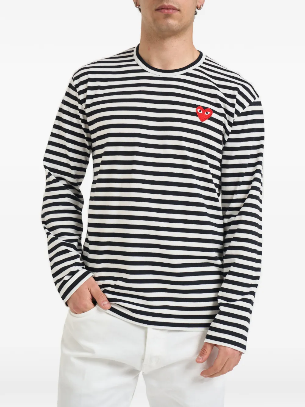 Comme Des Garçons Play striped heart-patch long-sleeve T-shirt - Weiß