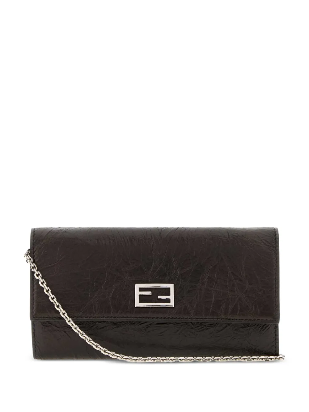 FENDI Tube Continental with chain black cracked leather wallet - Nero