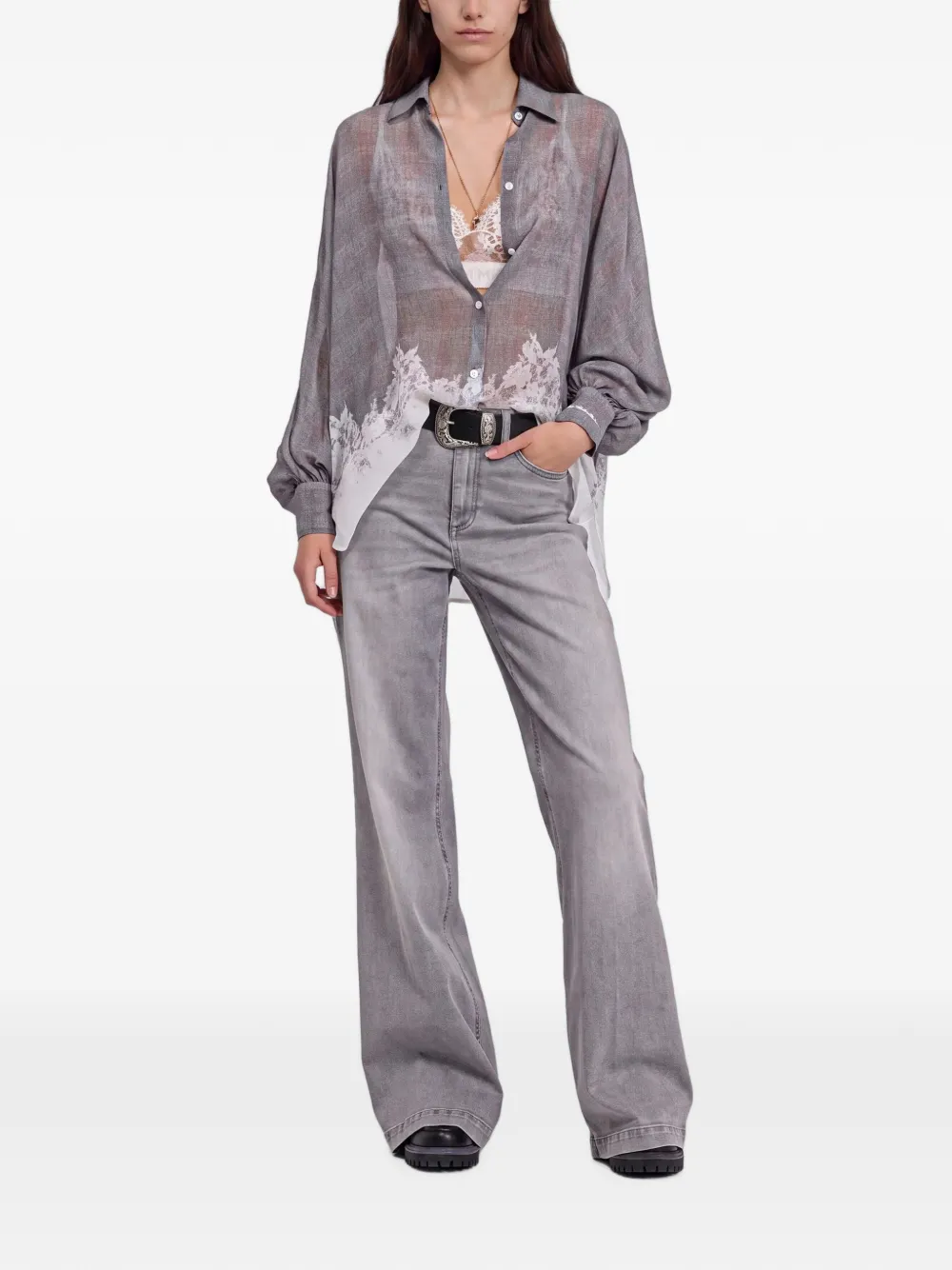 Ermanno Scervino Georgette gingham blouse met kanten afwerking Grijs