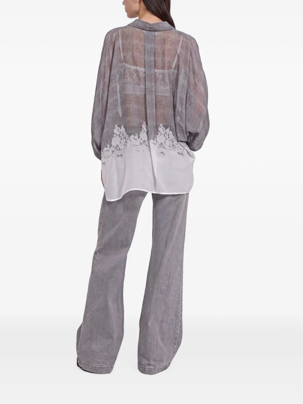 Ermanno Scervino Georgette gingham blouse met kanten afwerking Grijs