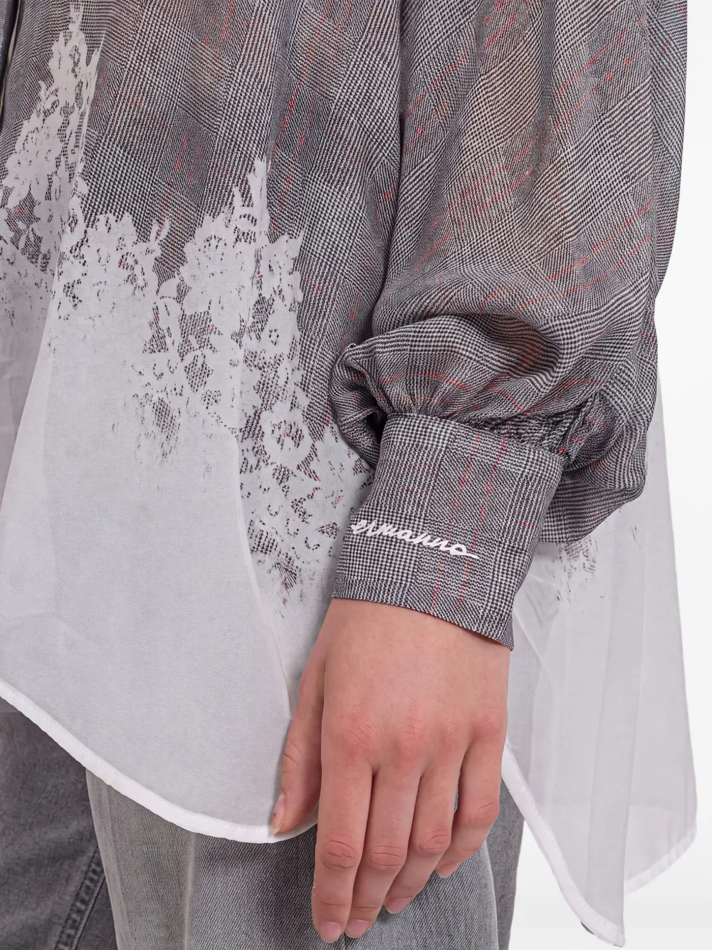 Ermanno Scervino Georgette gingham blouse met kanten afwerking Grijs