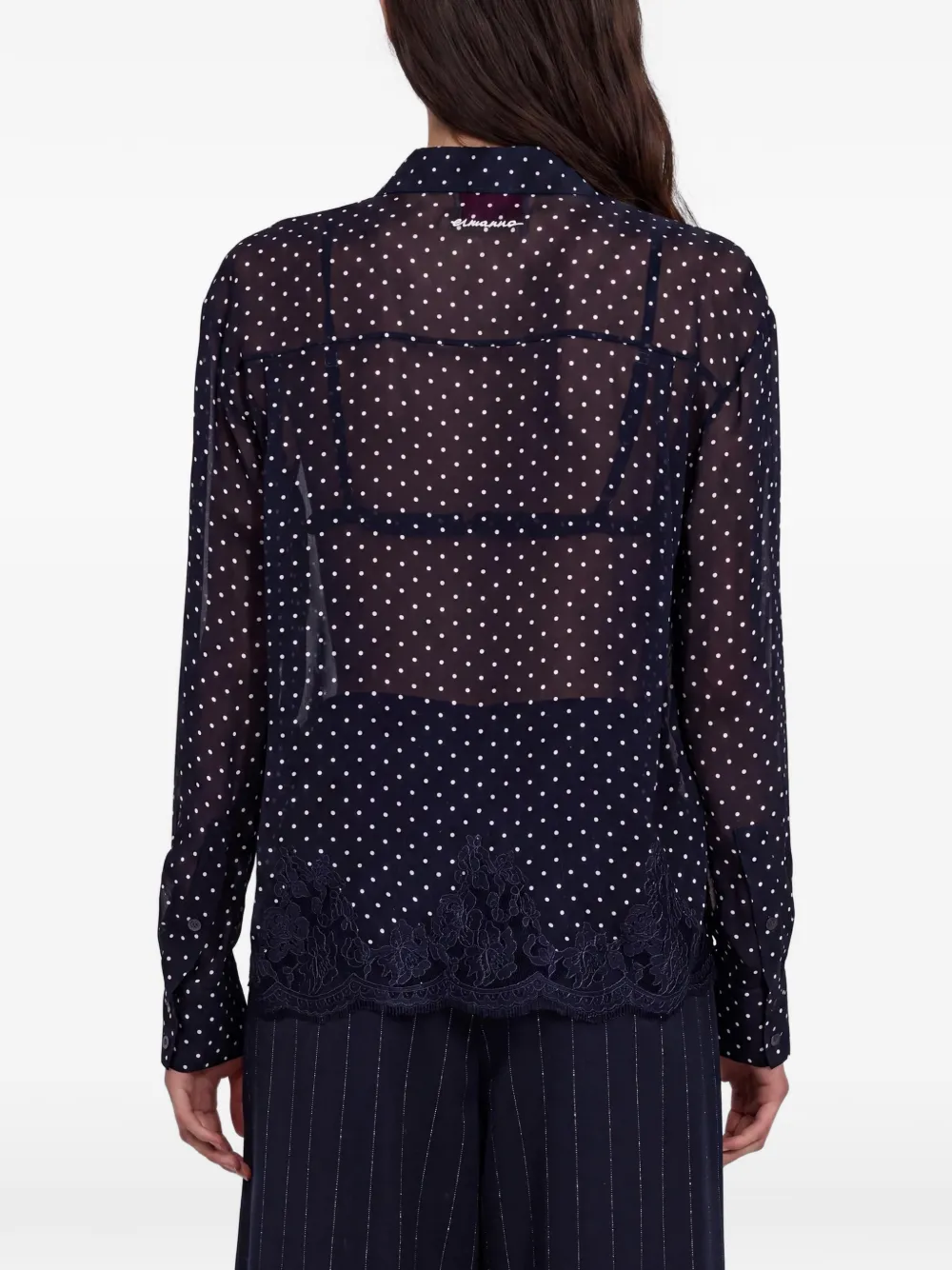 Ermanno Scervino Georgette blouse met kanten afwerking en stippen Blauw