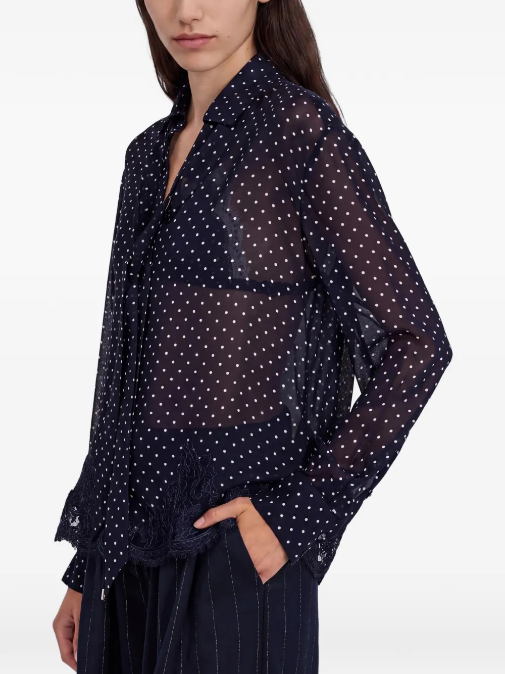 Ermanno Scervino Georgette blouse met kanten afwerking en stippen Blauw