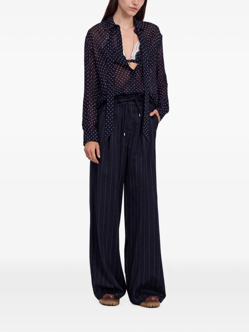Ermanno Scervino Georgette blouse met kanten afwerking en stippen Blauw