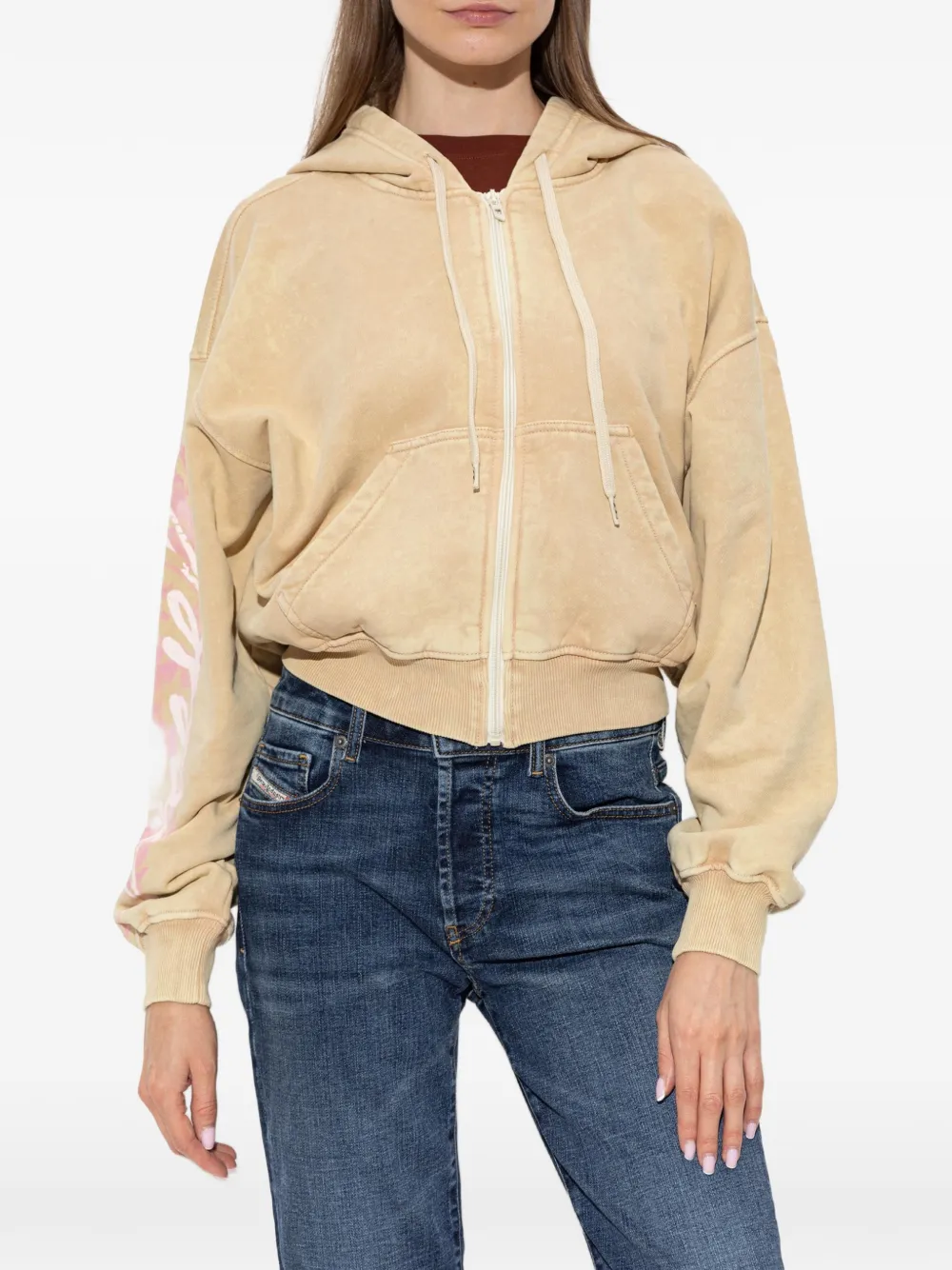 Diesel Hoodie met logoprint en rits Beige