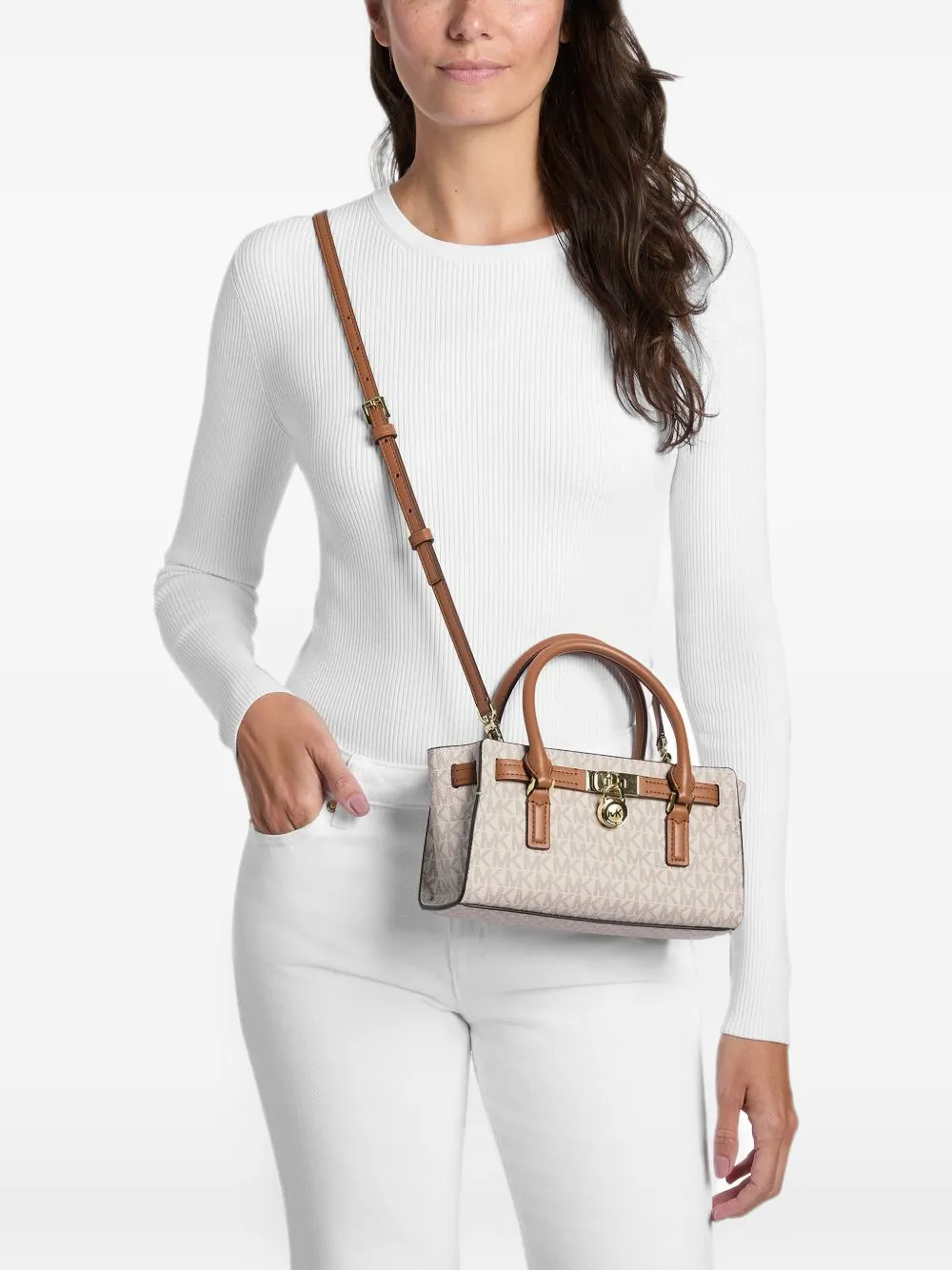 Michael Kors Hamilton Moderne extra kleine crossbodytas met kenmerkend logo Beige