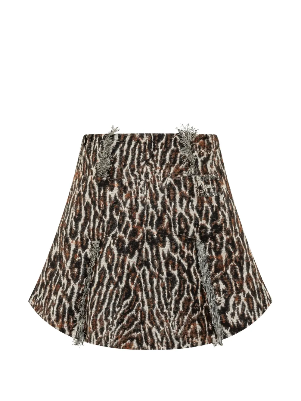 GANNI leopard-jacquard frayed-edge mini skirt Bruin
