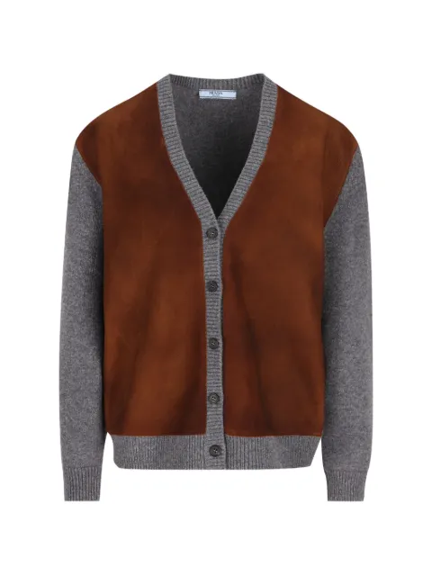 Prada cardigan i jomfruuld med ruskindspaneler