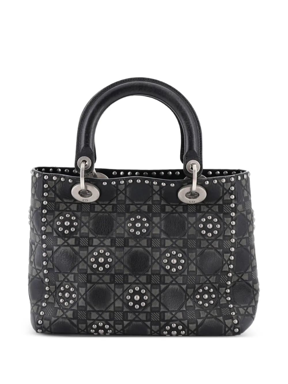 Dior Pre-owned Supple Lady Dior Bag Studded Cannage Embossed Calfskin Medium Satchel in Black, view 2