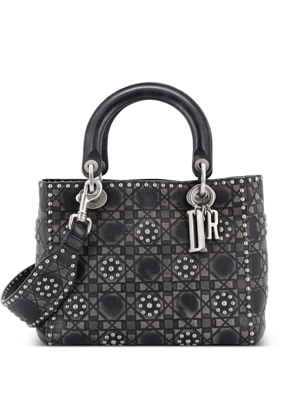 Dior Pre-owned Supple Lady Dior Bag Studded Cannage Embossed Calfskin Medium Satchel in Black