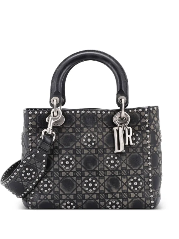 Dior Pre-owned Supple Lady Dior Bag Studded Cannage Embossed Calfskin Medium Satchel in Black