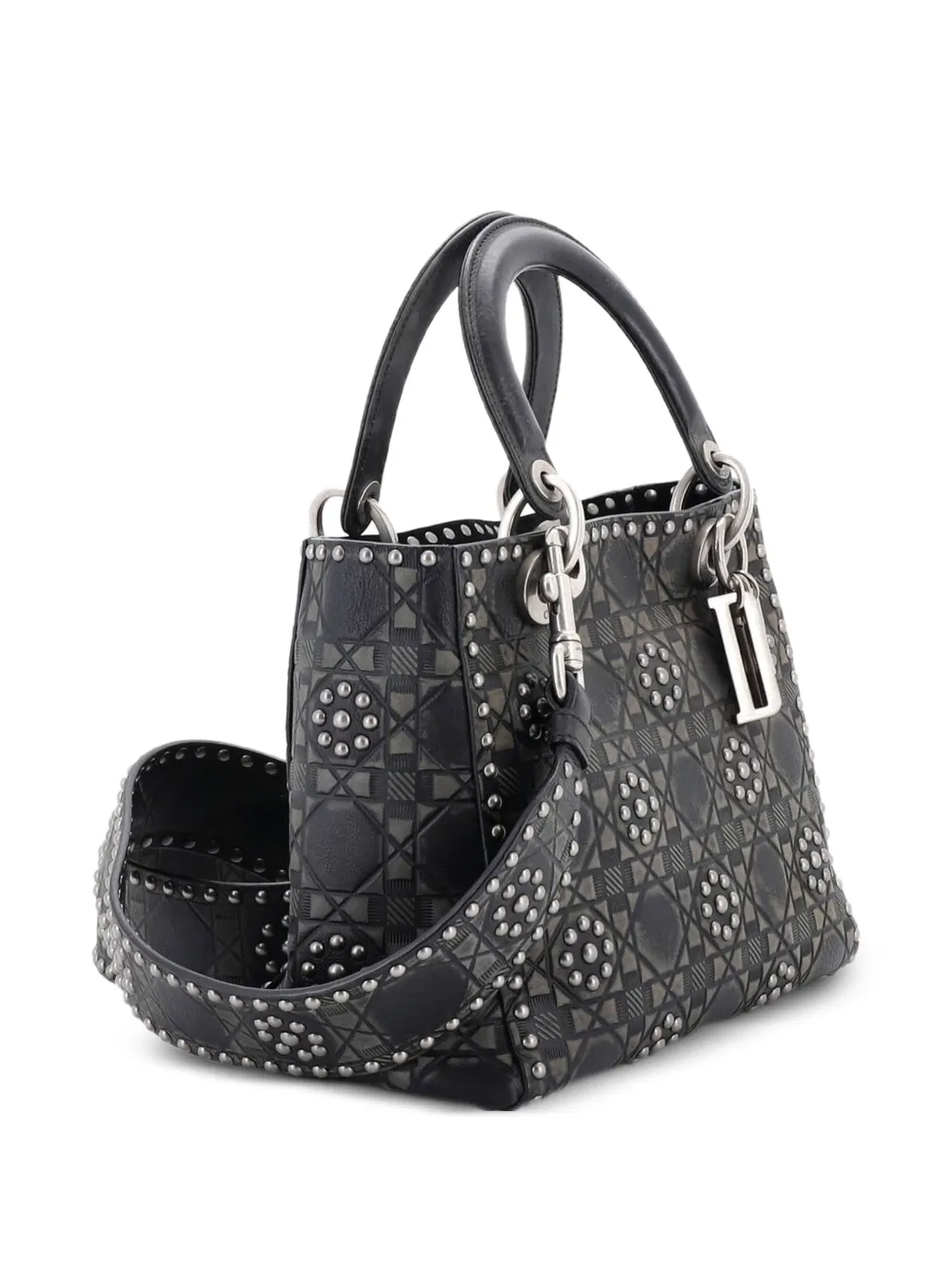 Dior Pre-owned Supple Lady Dior Bag Studded Cannage Embossed Calfskin Medium Satchel in Black, view 3