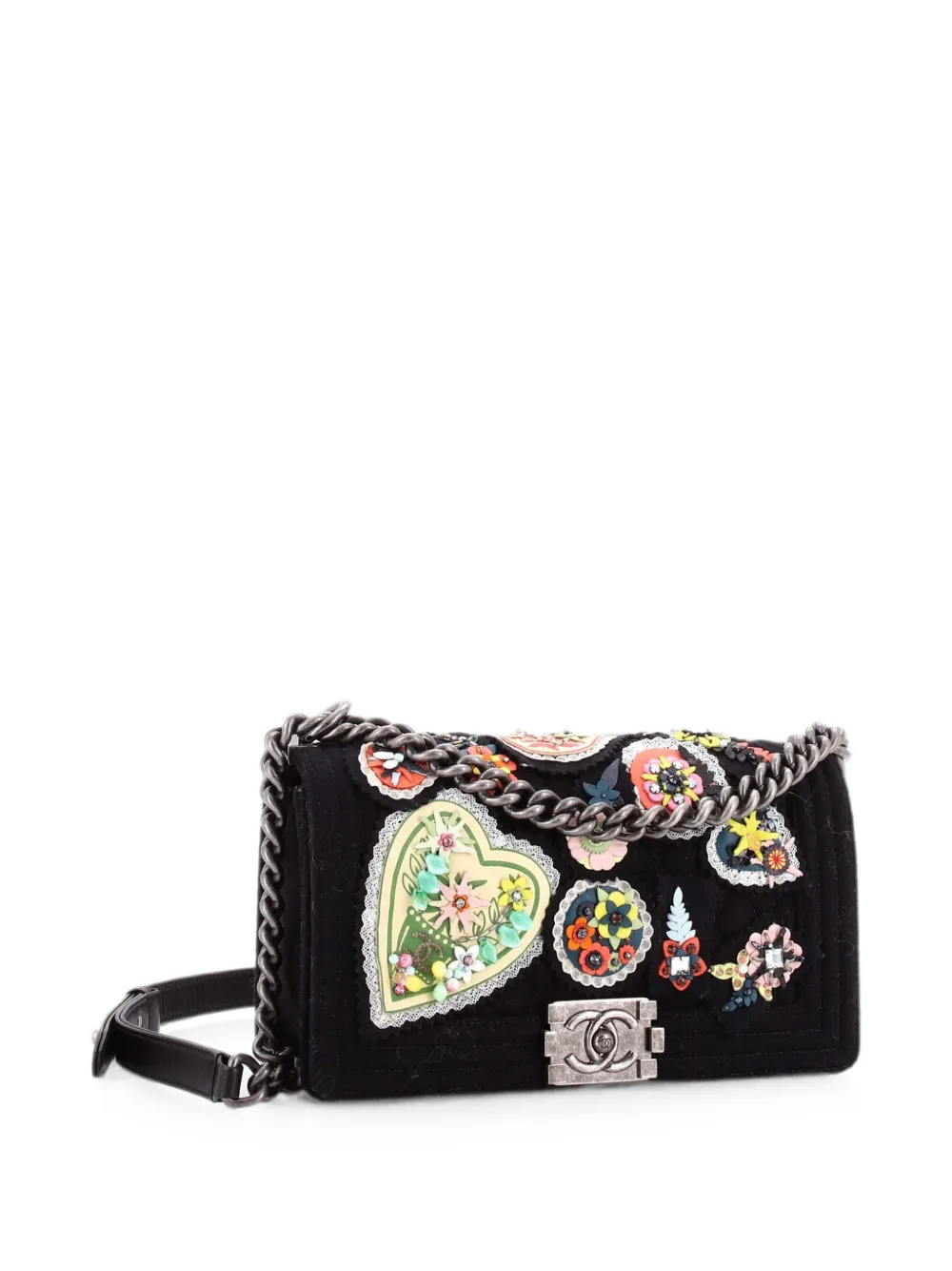 Pre-owned Chanel Paris-salzburg Metiers D'art Boy Flap Bag Embellished Quilted Felt Old Medium Shoulder Bag In Black