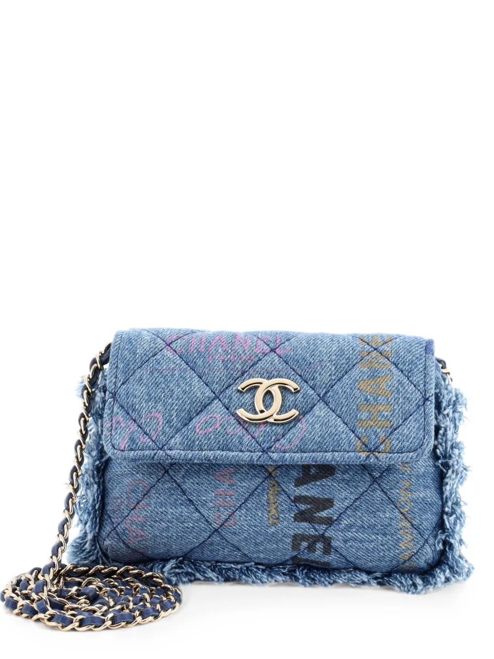 CHANEL Pre-Owned Denim Mood Flap Clutch with Chain Logo Printed Quilted Fringe Denim crossbody bag - Blau
