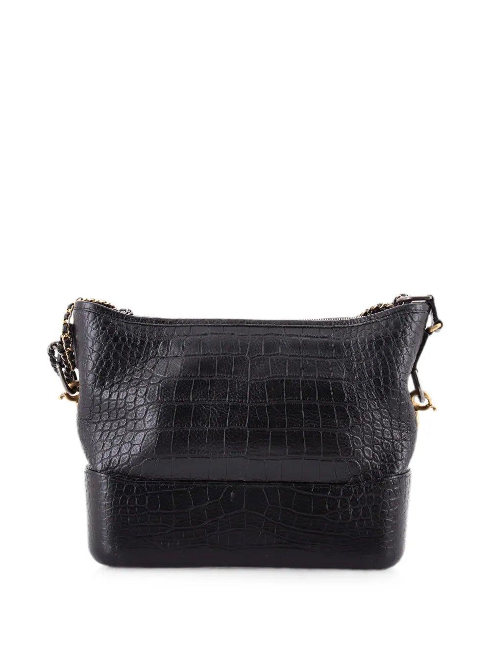 Pre-owned Chanel Gabrielle With Logo Handle Crocodile Embossed Calfskin Medium Hobo Bag In Black