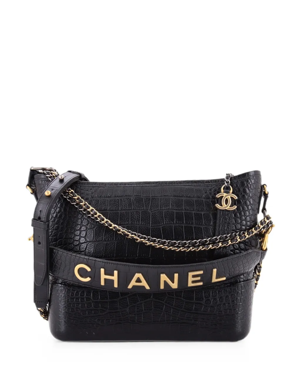 CHANEL Pre-Owned Gabrielle with Logo Handle Crocodile Embossed Calfskin Medium hobo bag - Schwarz