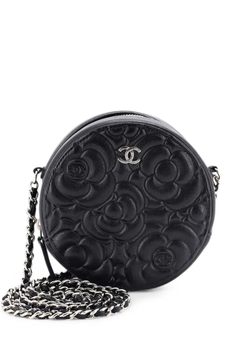 Pre-owned Chanel Round Clutch With Chain Camellia Goatskin Mini Crossbody Bag In Black