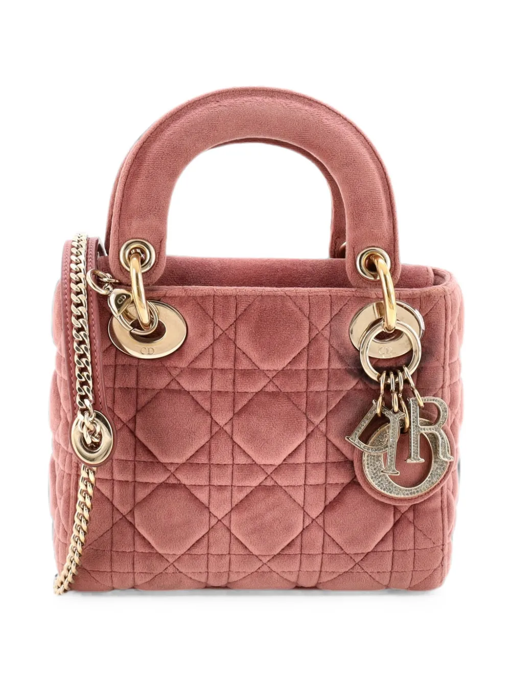 Christian Dior Pre-Owned Lady Dior Chain Bag Cannage Quilt Velvet with Crystal Charms Mini shoulder bag - Rosa