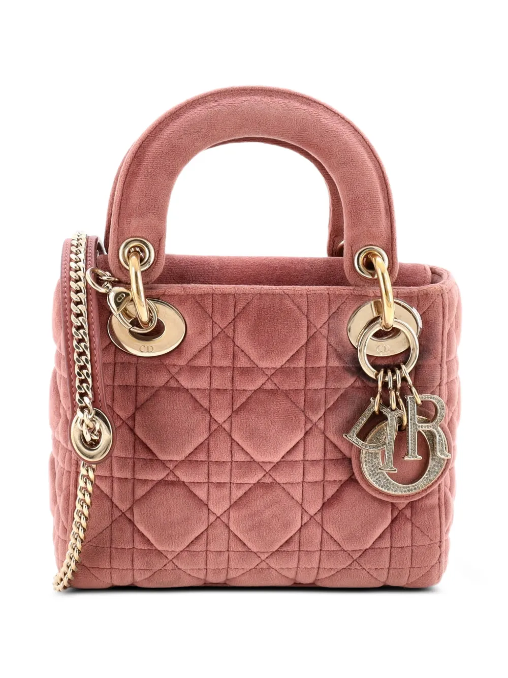 Christian Dior Pre-Owned Lady Dior Chain Bag Cannage Quilt Velvet with Crystal Charms Mini shoulder bag - Rosa