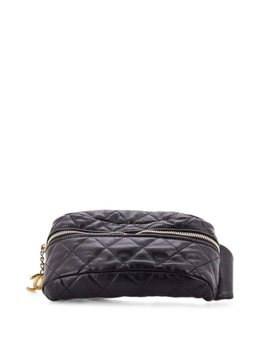 Pre-owned Chanel Quilted Cc Logo Chain Zip Waist Bag Quilted Lambskin Belt Bag In Black