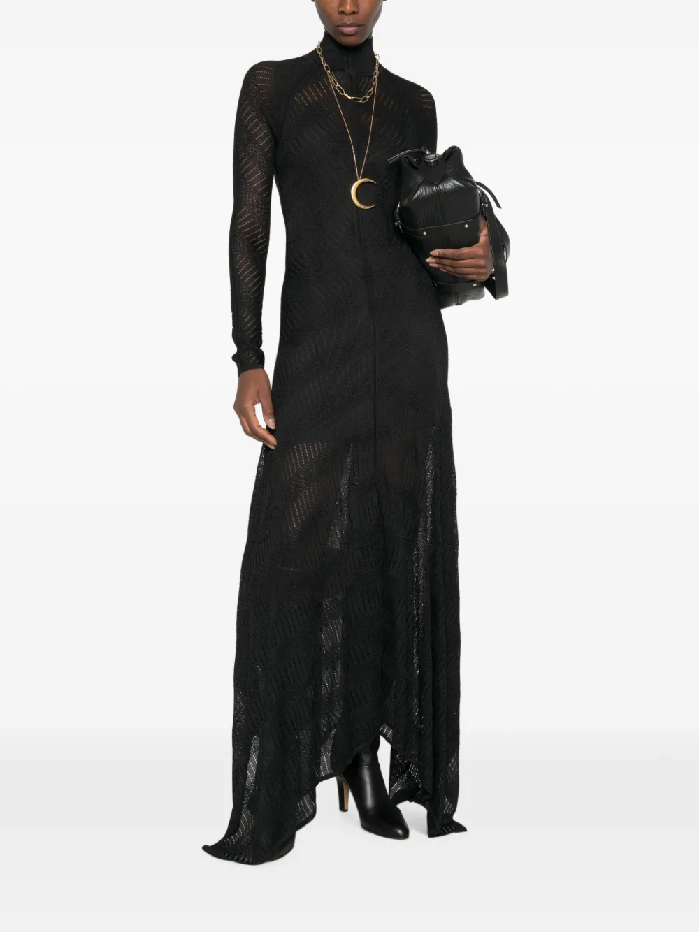 ZIMMERMANN Chevron asymmetric pointelle-knit handkerchief-hem maxi dress Zwart
