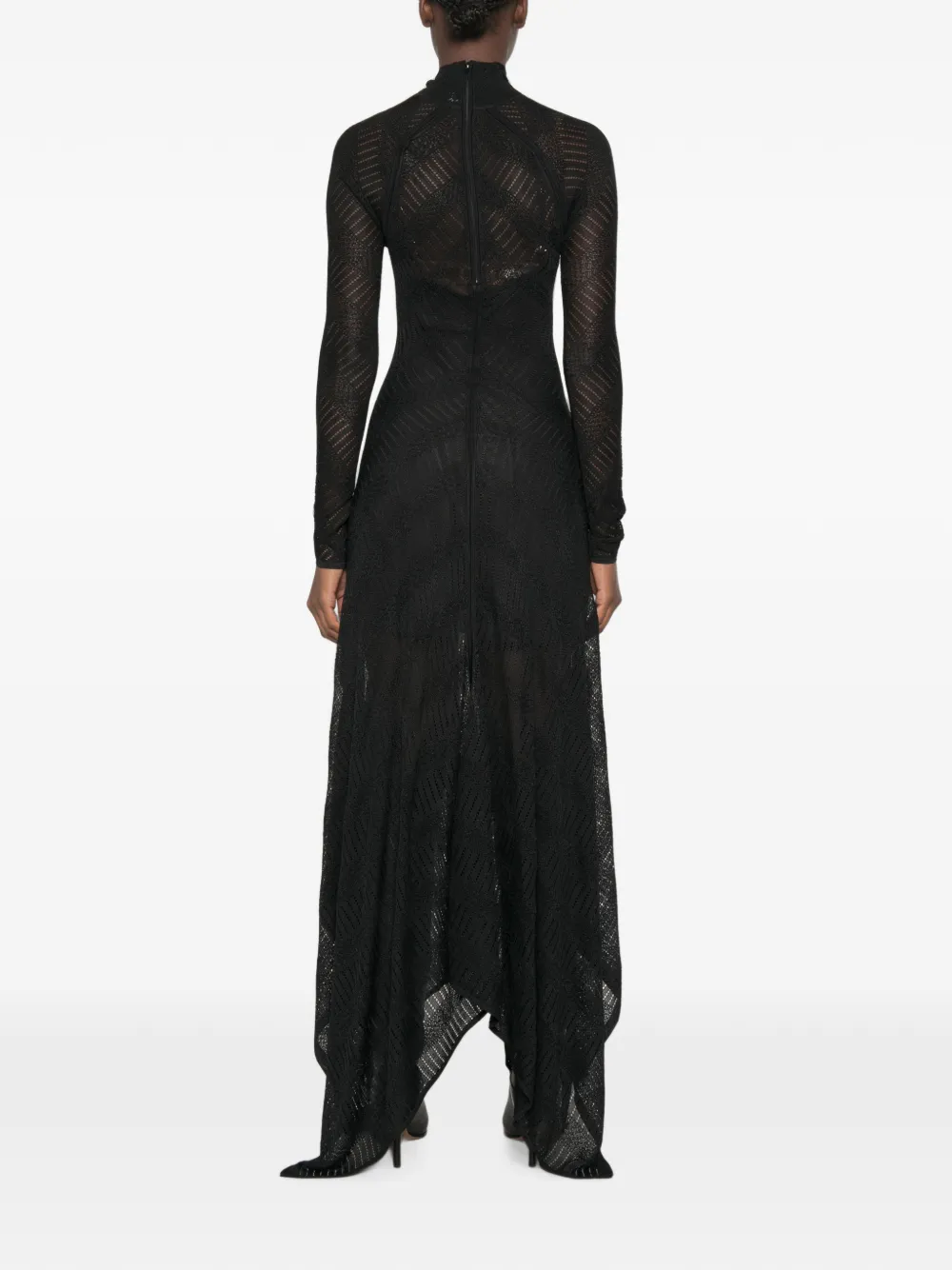 ZIMMERMANN Chevron asymmetric pointelle-knit handkerchief-hem maxi dress Zwart