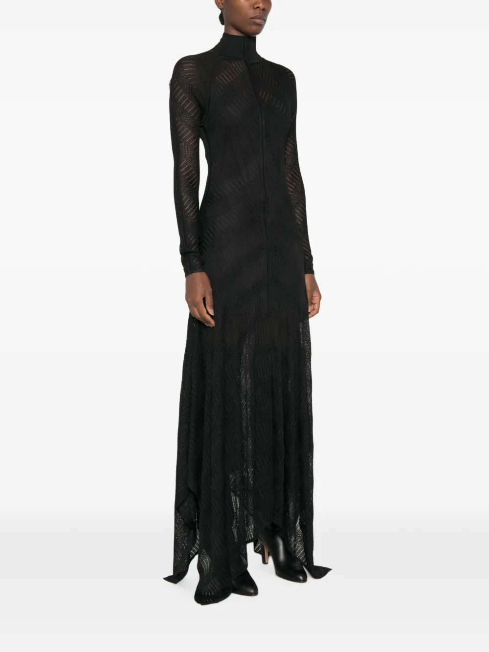 ZIMMERMANN Chevron asymmetric pointelle-knit handkerchief-hem maxi dress Zwart