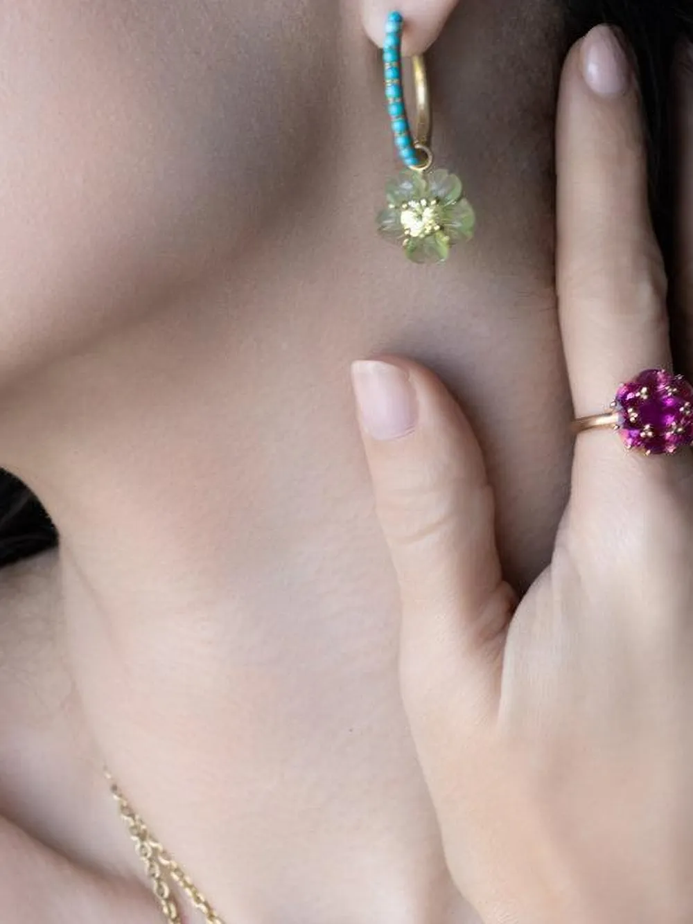 Irene Neuwirth Peridot and Chrysoberyl Flower Earrings in Gold, view 2