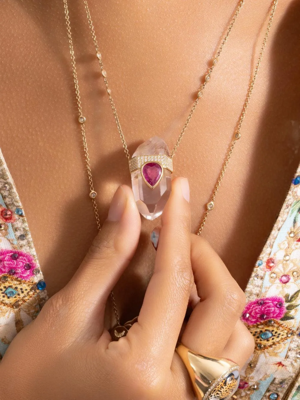 Jacquie Aiche Tear Quartz and Tourmaline Necklace in Gold, view 2