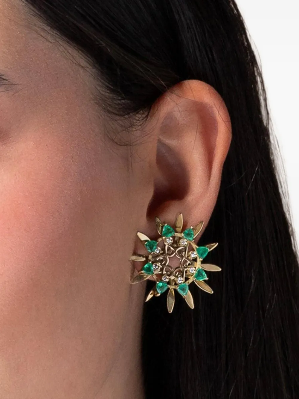 Carol Kauffmann Mandala emerald and diamond hoop earrings - Gold