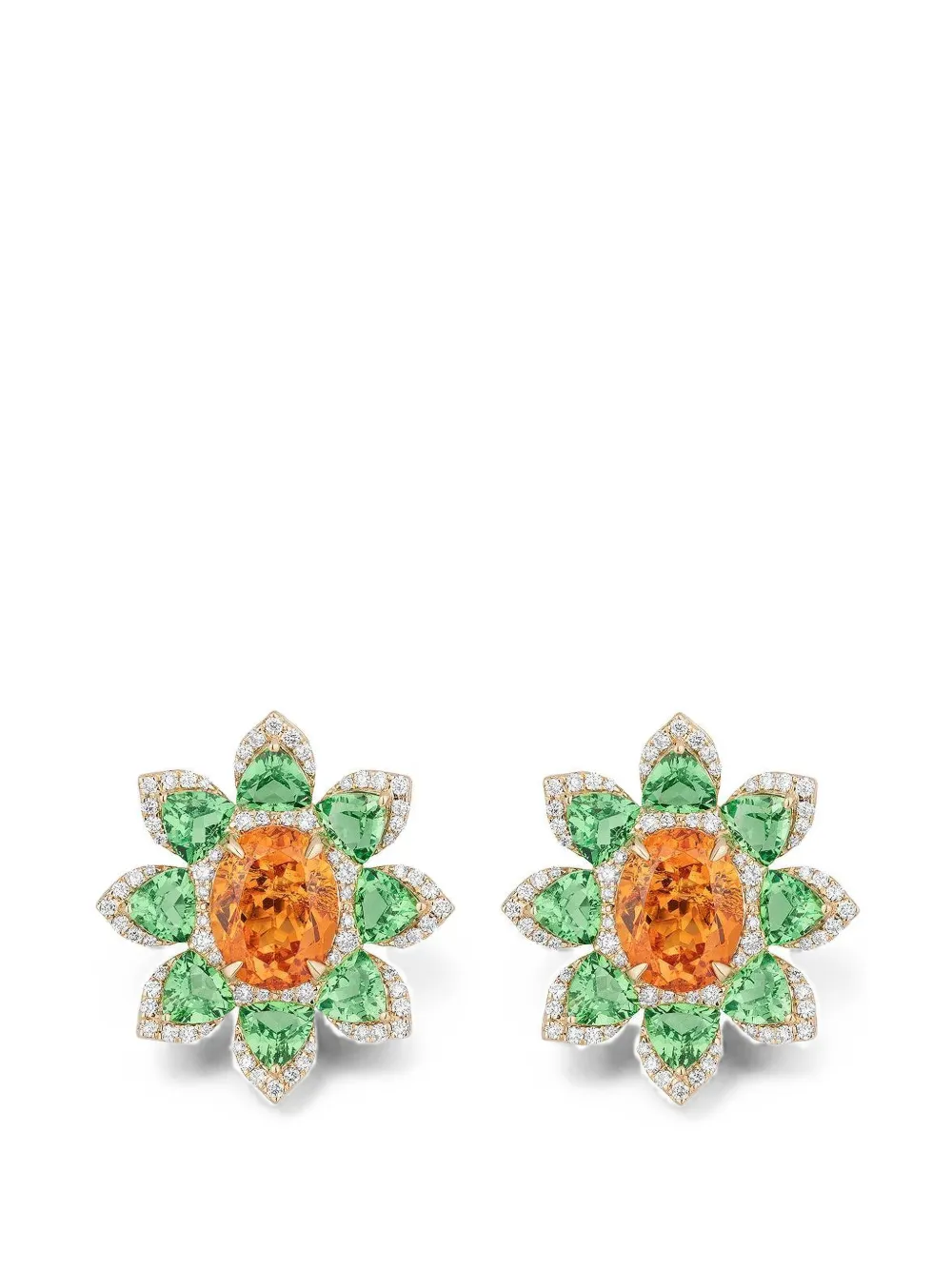 Goshwara mandarin garnet and tsavorite flower stud earrings - Gold