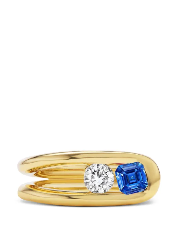 Uniform Object Impact Blue Sapphire and Diamond Ring in Gold