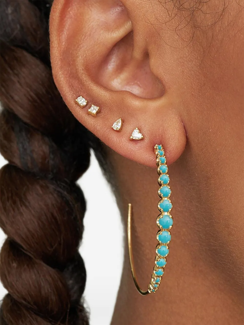 Jennifer Meyer Medium Graduated Turquoise Hoop Earrings in Gold, view 2