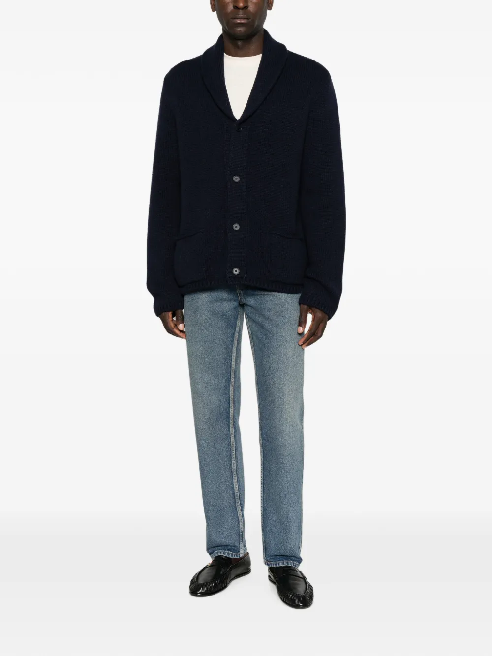 The Row Dor Shawl-collar Waffle-knit Cardigan in Blue, view 2