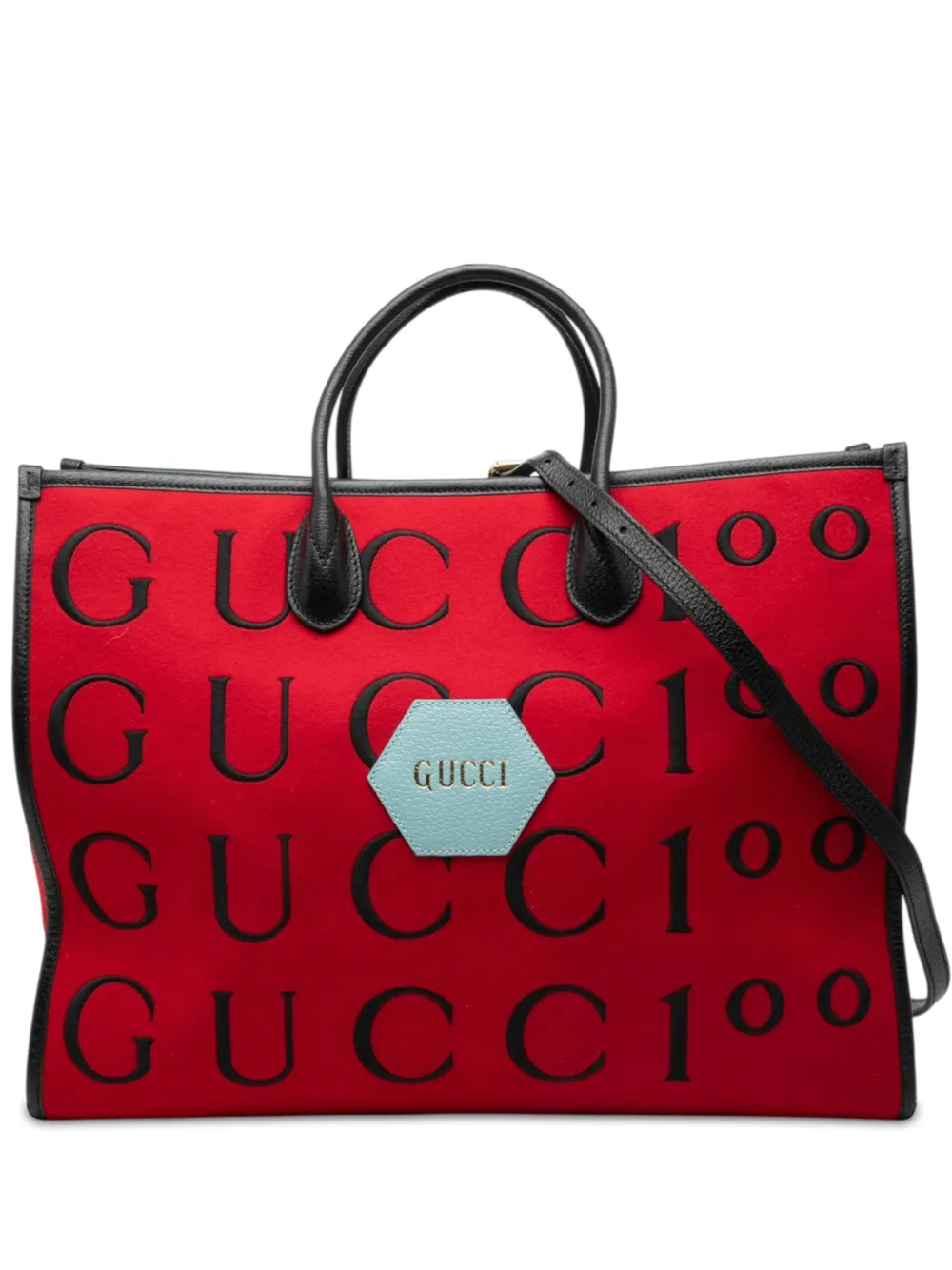 Gucci Pre-Owned 2016-2026 100th Anniversary Calfskin Trimmed Felt Script Logo Shopping Tote satchel - Rot