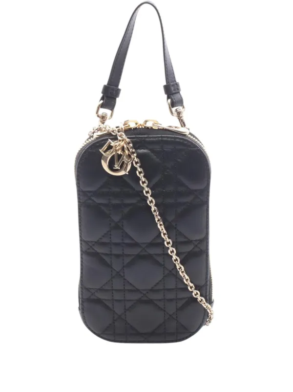 Dior Pre-owned 2000-2026 Lambskin Cannage Lady Dior Call in Phone Holder Satchel in Black
