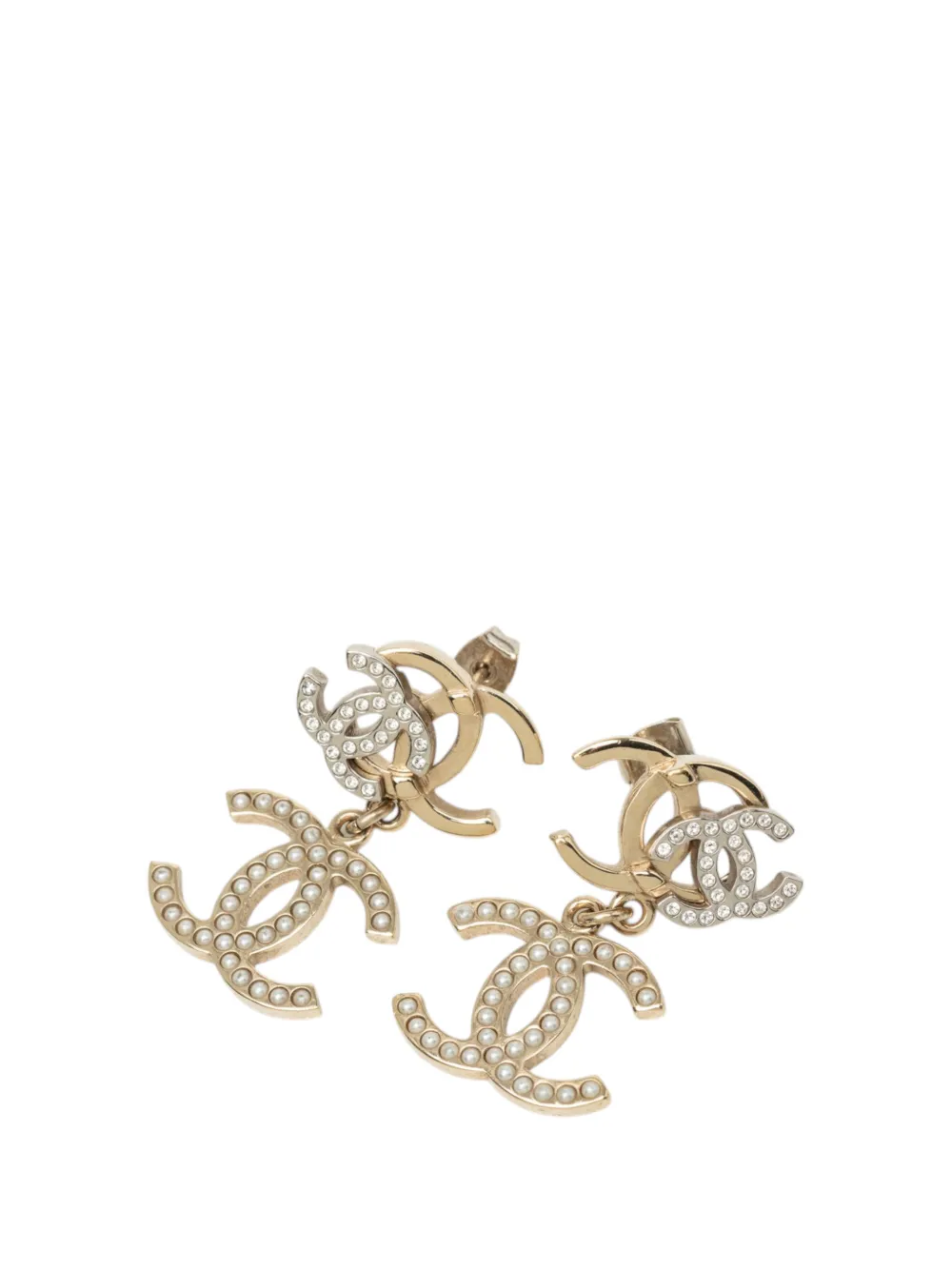 CHANEL Pre-Owned 2021 Gold Plated Strass and Faux Pearl Double CC Drop Push Back Earrings costume earrings