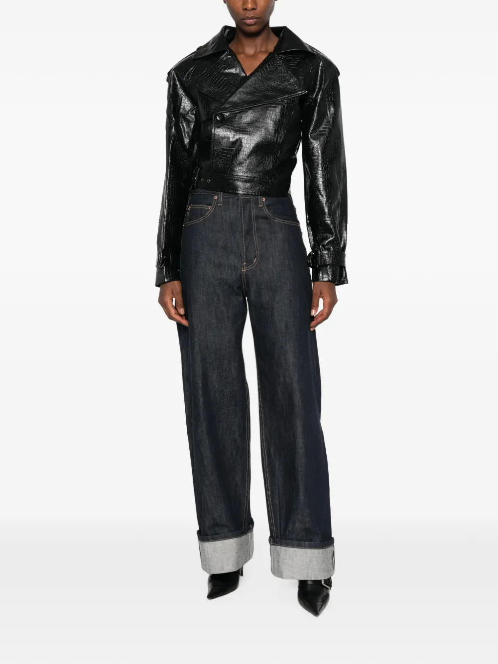 Twenty Four Haitch New Bulut Croc-effect Biker Jacket In Black